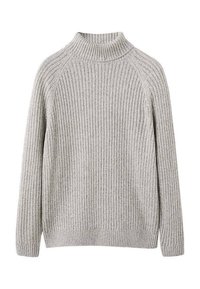 Lichtgrijze geribde trui met een hoge hals, lange raglanmouwen en een losse pasvorm. Zachte textuur met een gebreide afwerking.