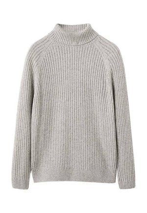 Jersey de canalé gris claro con cuello alto, mangas raglán largas y un corte relajado. Textura suave con un acabado tejido.