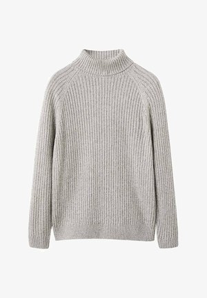 Jersey de canalé gris claro con cuello alto, mangas raglán largas y un corte relajado. Textura suave con un acabado tejido.