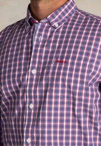 Overhemd met knopen in een ruitpatroon met blauw, rood en witte kleuren. Bevat een kraag en een borstzak met rode geborduurde details.