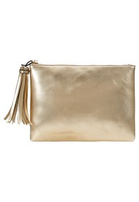 Kultainen metallinhohtoinen clutch-laukku, jossa on sileä pinta, vetoketjusuljenta ja koristeellinen tupsu samankaltaisesta materiaalista.