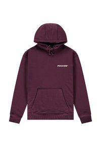 Burgunderfarget hettegenser laget av mykt stoff, med en kangurulomme foran, snøring i hetten og hvit "POCKIES"-logo på brystet.