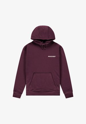 Felpa con cappuccio color vinaccia realizzata in tessuto morbido, con tasca frontale a marsupio, cappuccio regolabile con coulisse e logo bianco "POCKIES" sul petto.