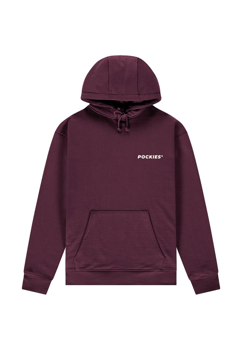 Burgunderfarget hettegenser laget av mykt stoff, med en kangurulomme foran, snøring i hetten og hvit "POCKIES"-logo på brystet.