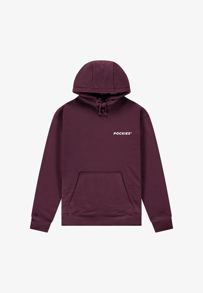 Burgunderfarget hettegenser laget av mykt stoff, med en kangurulomme foran, snøring i hetten og hvit "POCKIES"-logo på brystet.