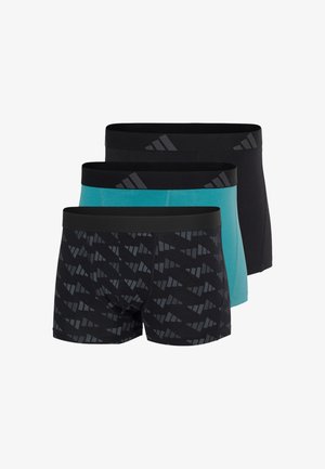 Drei Paare Herrenboxershorts: eine einfarbig schwarz, eine einfarbig teal und eine schwarz mit einem geometrischen grauen Muster. Alle verfügen über elastische schwarze Taillenbünde.