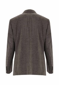 Brauner Fischgrätblazer mit einem einzelnen Rückenventil, aufgeschlagenem Kragen und knöpfbaren Manschetten. Hergestellt aus strukturiertem Stoff, der vertikale Streifen zeigt.