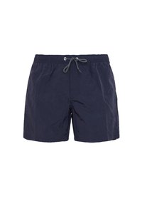 Costumi da bagno navy con cinturino elasticizzato e cordino regolabile, dotati di tasche laterali e realizzati in tessuto morbido e leggero.