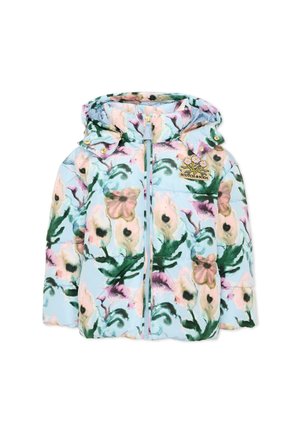 Lichtblauw kindergewatteerd jasje met meerkleurige bloemenprint, ritssluiting vooraan, aangezette capuchon en een klein geborduurd bloemenpatch op de borst.