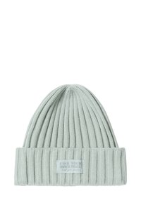 Lichtgroene ribgebreide beanie met omgeslagen rand. Kenmerkt zich door een label met de tekst "VIND JE BINNENSTE VREDE." Zachte textuur en een snug fit.