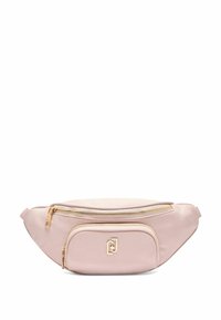 Sac banane en tissu rose avec une texture lisse, comportant une grande poche zippée et une petite poche avant, rehaussé de quincaillerie dorée.