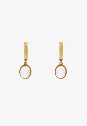 Orecchini a cerchio color oro con pendente a forma di perla ovale liscia e bianca, caratterizzati da una finitura lucida e un design semplice.