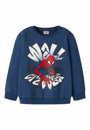 Blå børne-sweatshirt med lange ærmer med grafik af Spider-Man, der kravler, og fed hvid tekst i tegneseriestil.