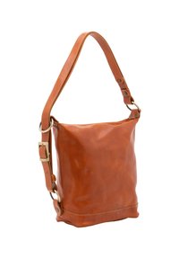 Borsa a tracolla in pelle marrone con texture liscia, design quadrato, tracolla regolabile e dettagli in metallo.