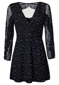 Schwarzes Wickelkleid mit weißen Sprenkeln, langen transparenten Ärmeln, V-Ausschnitt und tailliertem Bund. Der ausgestellte Rock reicht bis zur Mitte des Oberschenkels.