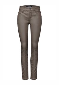 Olivgröna, slim-fit byxor i ett mjukt, elastiskt tyg. Har framfickor och en stängning med en knapp.