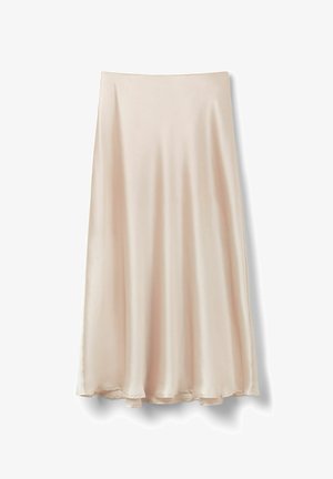 A-lijn, knie-lange rok in lichtbeige satijn met een gladde textuur en minimale glans, met een flare ontwerp voor gemakkelijke beweging.