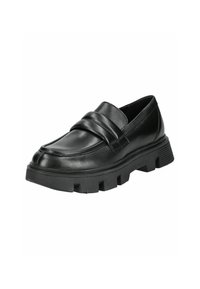 Mocassin en cuir noir avec semelle crantée épaisse et large bande décorative sur le dessus, légèrement incliné vers la droite sur fond blanc.