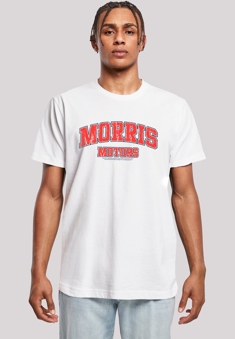 White cotton t-shirt featuring a red and blue graphic print with the text "MORRIS MOTORS." Short sleeves and a regular fit.