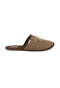Brown felt slipper with a rounded toe, brown trim, and embroidered detail on the upper. Flat sole design for comfort and stability.