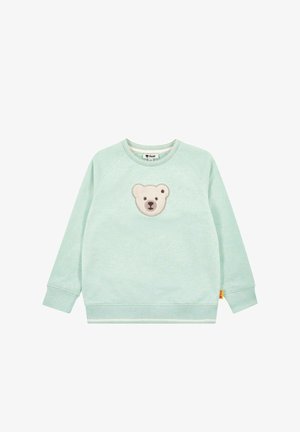 Minzgrünes Sweatshirt mit einem weichen, strukturierten Bärenkopf-Applikation auf der Vorderseite. Ausgestattet mit geripptem Kragen und Bündchen sowie einem seitlich angenähten Etikett.