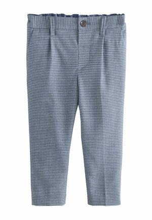 Pantalon pour tout-petit à carreaux bleu clair et gris avec taille élastique, passants de ceinture, bouton devant et poches latérales.