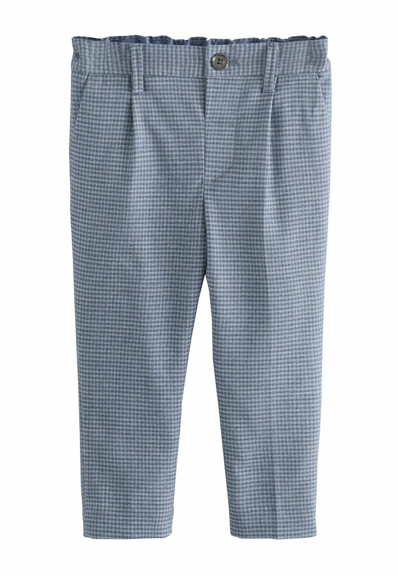Pantalon pour tout-petit à carreaux bleu clair et gris avec taille élastique, passants de ceinture, bouton devant et poches latérales.