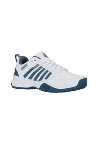 K-Swiss athletic shoe featuring a white leather upper, navy blue accents, textured sole, and a mesh panel for breathability.