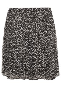 Musta kukkakuosinen hame, jossa on pieniä valkoisia kukkia, laskostettu malli, kevyt kangas, joustava vyötärönauha ja levenevä helma liikkumisen helpottamiseksi.