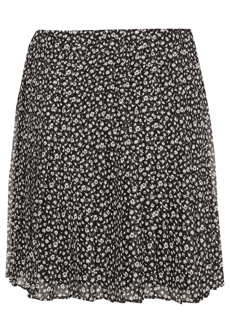 Musta kukkakuosinen hame, jossa on pieniä valkoisia kukkia, laskostettu malli, kevyt kangas, joustava vyötärönauha ja levenevä helma liikkumisen helpottamiseksi.