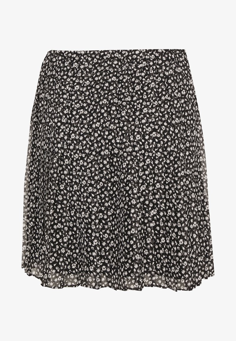 Musta kukkakuosinen hame, jossa on pieniä valkoisia kukkia, laskostettu malli, kevyt kangas, joustava vyötärönauha ja levenevä helma liikkumisen helpottamiseksi.