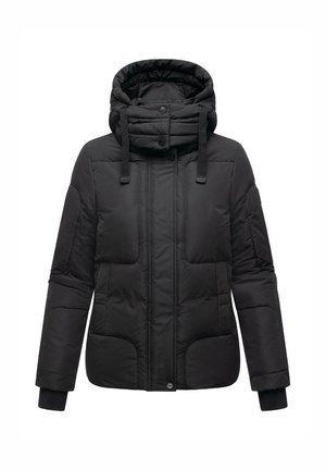 Black puffer jacket with a high collar and hood, featuring a quilted design, front snap buttons, and elastic cuffs for a secure fit.