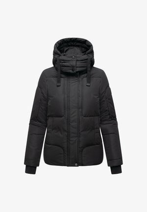 Czarna kurtka puchowa z wysokim kołnierzem i kapturem, charakteryzująca się pikowanym wzorem, z przodu zapinana na zatrzaski oraz z elastycznymi mankietami, zapewniającymi pewne dopasowanie.