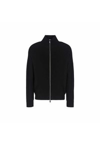 Giacca nera in maglia a costine con zip, colletto alto e zip in argento, caratterizzata da maniche lunghe e un design aderente.