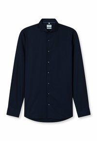 Marineblaue Langarmbluse mit einem subtilen geometrischen Muster, Button-Down-Kragen und passenden Knöpfen. Glatte Textur mit abgerundetem Saum.