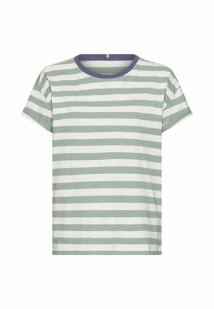 T-shirt z krótkim rękawem i okrągłym dekoltem, z poziomymi jasnobeżowymi i białymi paskami oraz jednolitym ciemnoniebieskim kołnierzem.