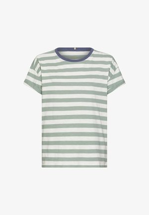 Kortærmet T-shirt med rund hals og vandrette lysegrønne og hvide striber samt en ensfarvet mørkeblå krave.