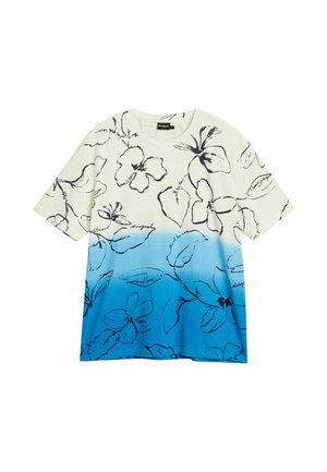 Tricou cu mâneci scurte, cu un degrade de alb în partea de sus spre albastru în partea de jos, decorat cu desene florale negre în linie și text scris.