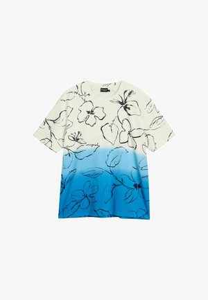 Koszulka z krótkim rękawem, z białym górnym i niebieskim dolnym gradientem, ozdobiona czarnymi kwiatowymi rysunkami liniowymi oraz tekstem w formie pisma odręcznego.