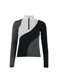 Haut de sport à manches longues avec zip quart de fermeture, design en blocs de couleurs noir, blanc et gris foncé, tissu à texture lisse.