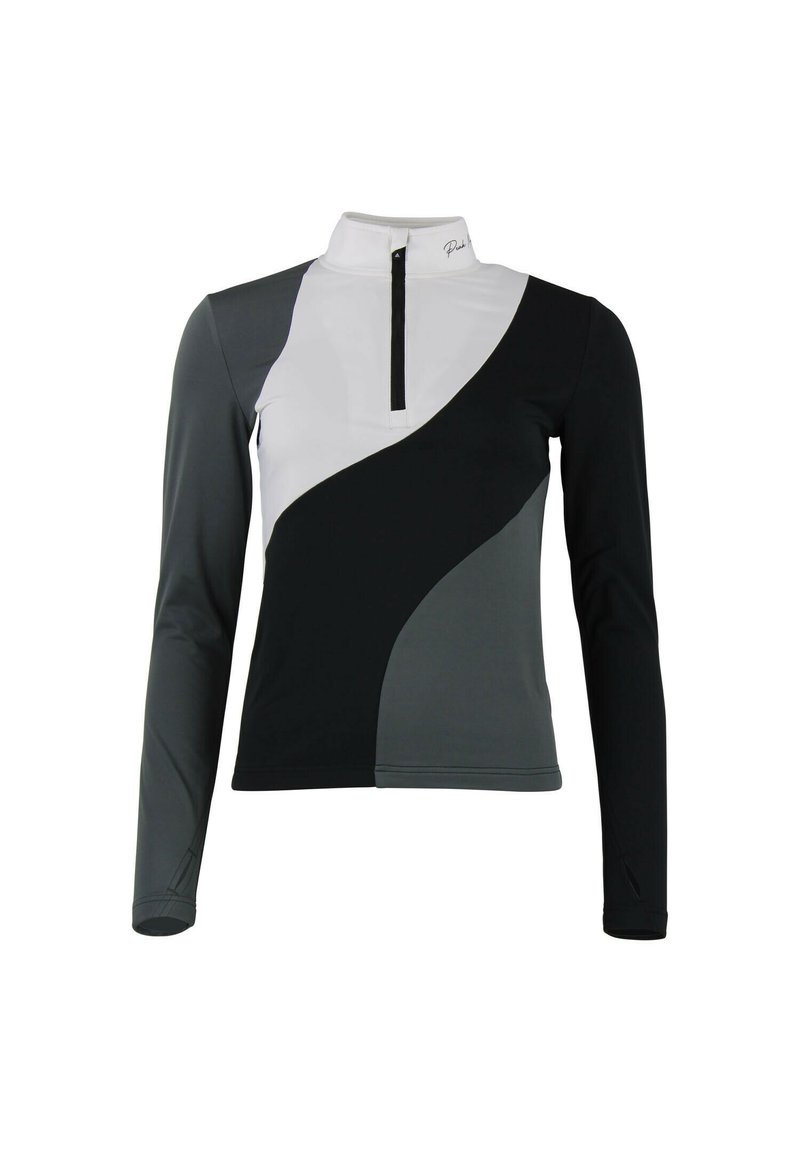 Haut de sport à manches longues avec zip quart de fermeture, design en blocs de couleurs noir, blanc et gris foncé, tissu à texture lisse.