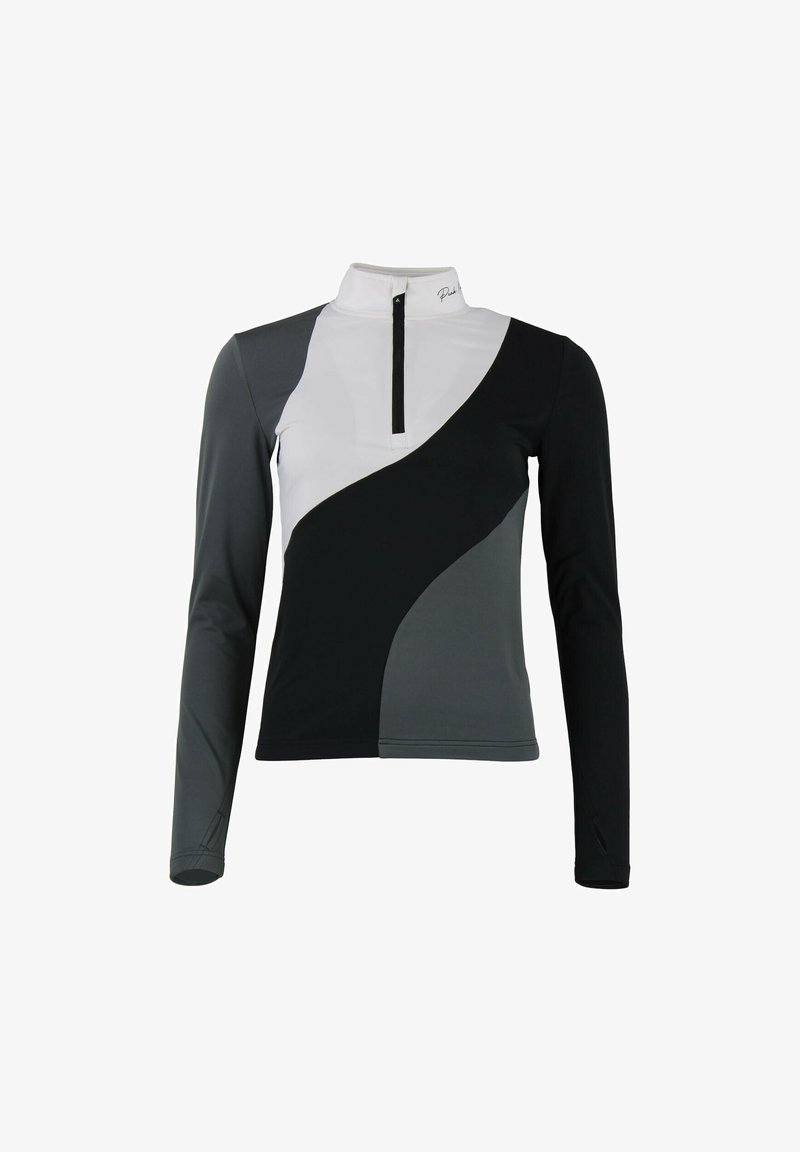 Haut de sport à manches longues avec zip quart de fermeture, design en blocs de couleurs noir, blanc et gris foncé, tissu à texture lisse.