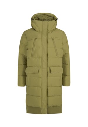 Lange olijfgroene gewatteerde winterjas met capuchon, twee met rits sluitende borstzakken, twee klepzakken en ribgebreide manchetten.