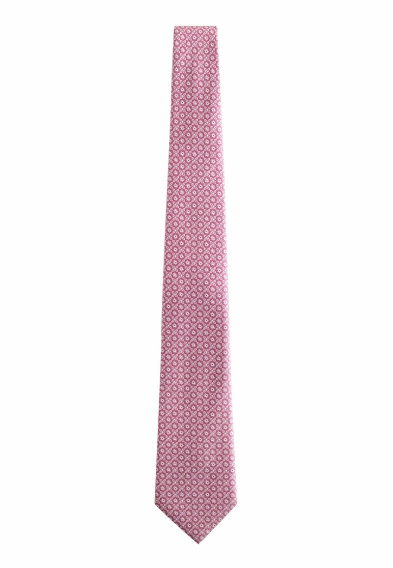 Rosa gemusterte Krawatte mit einem Diamantdesign, aus einem Stoff mit glatter Textur. Spitz zulaufende Form; typische Länge für formelle Herrenhalstücher.