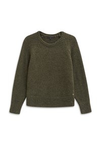 Olivgrüner Strickpullover mit Rundhalsausschnitt, gerippten Bündchen und Saum. Verfügt über ein strukturiertes Muster und ein kleines Emblem an der unteren Seite.