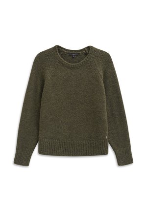 Olive green knit sweater with a crew neck, ribbed cuffs, and hem. Features a textured pattern and a small emblem at the bottom side.