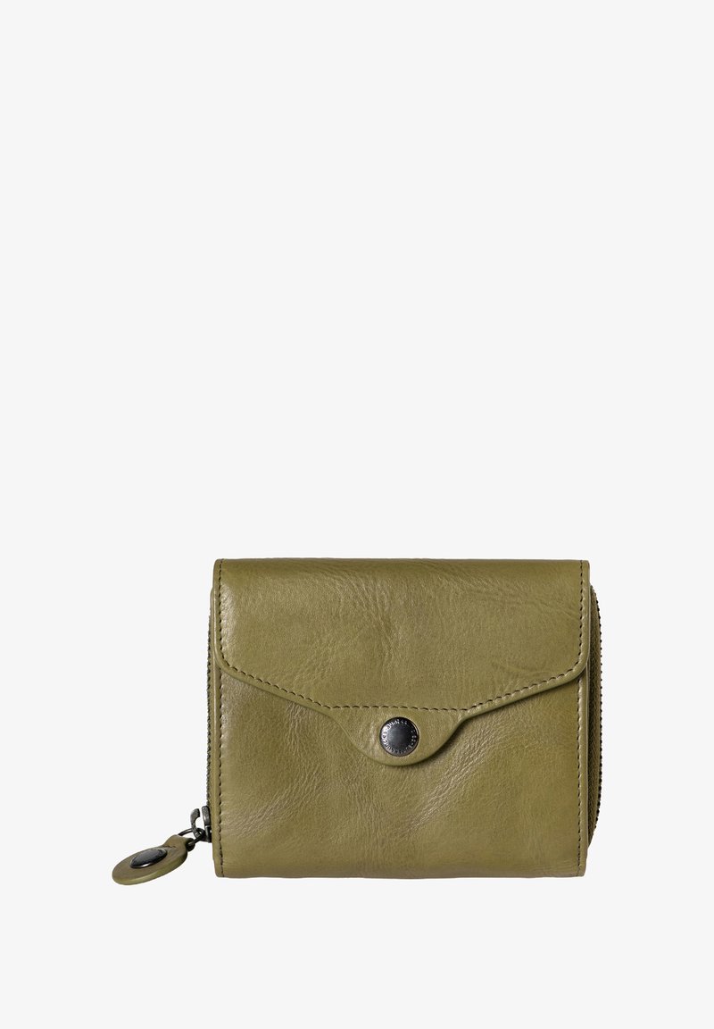 Olive green leather wallet with a snap closure, textured finish, and a zippered side compartment for coins or cards.