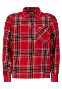 Chemise en flanelle à carreaux rouges avec manches longues, devant boutonné, motif à carreaux noir et blanc, poche poitrine unique et texture douce.