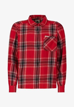 Camisa de franela a cuadros rojos con mangas largas, cierre frontal con botones, patrón de cuadros en blanco y negro, un bolsillo en el pecho y textura suave.