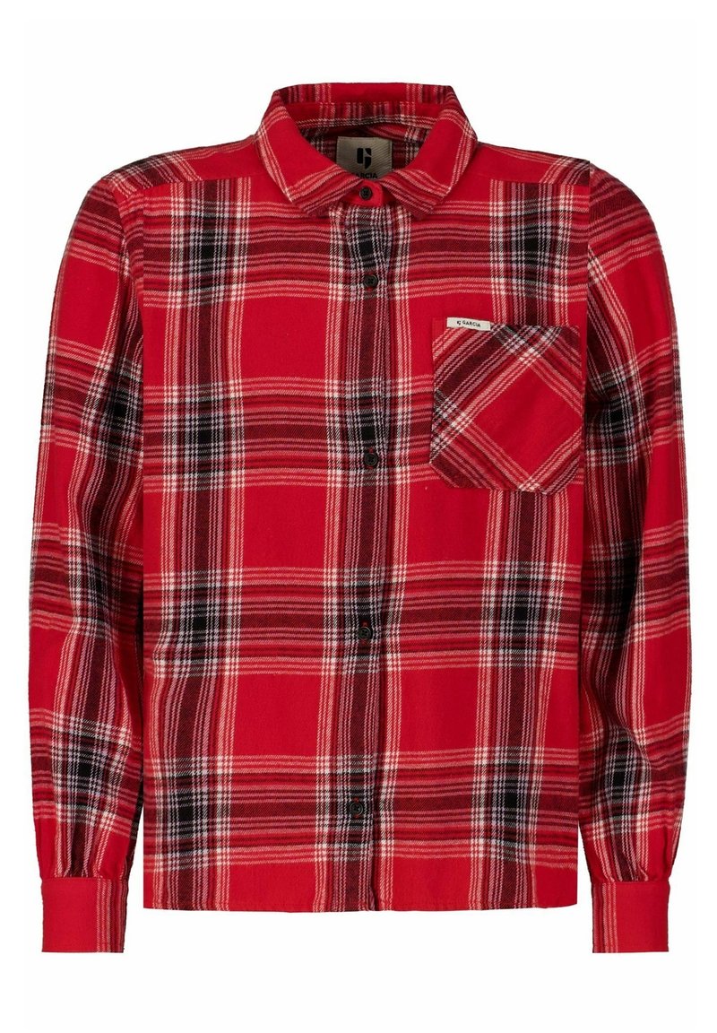 Chemise en flanelle à carreaux rouges avec manches longues, devant boutonné, motif à carreaux noir et blanc, poche poitrine unique et texture douce.
